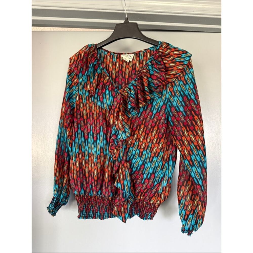 Ariat Women's Ruffled Southwestern Sheer V-Neck Pullover Top Smocked Hem Cuffs S